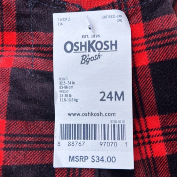 NWT Oshkosh Red & Black Plaid Velvet Overall Vestbak Jumper Dress Size 24M - Picture 9 of 11